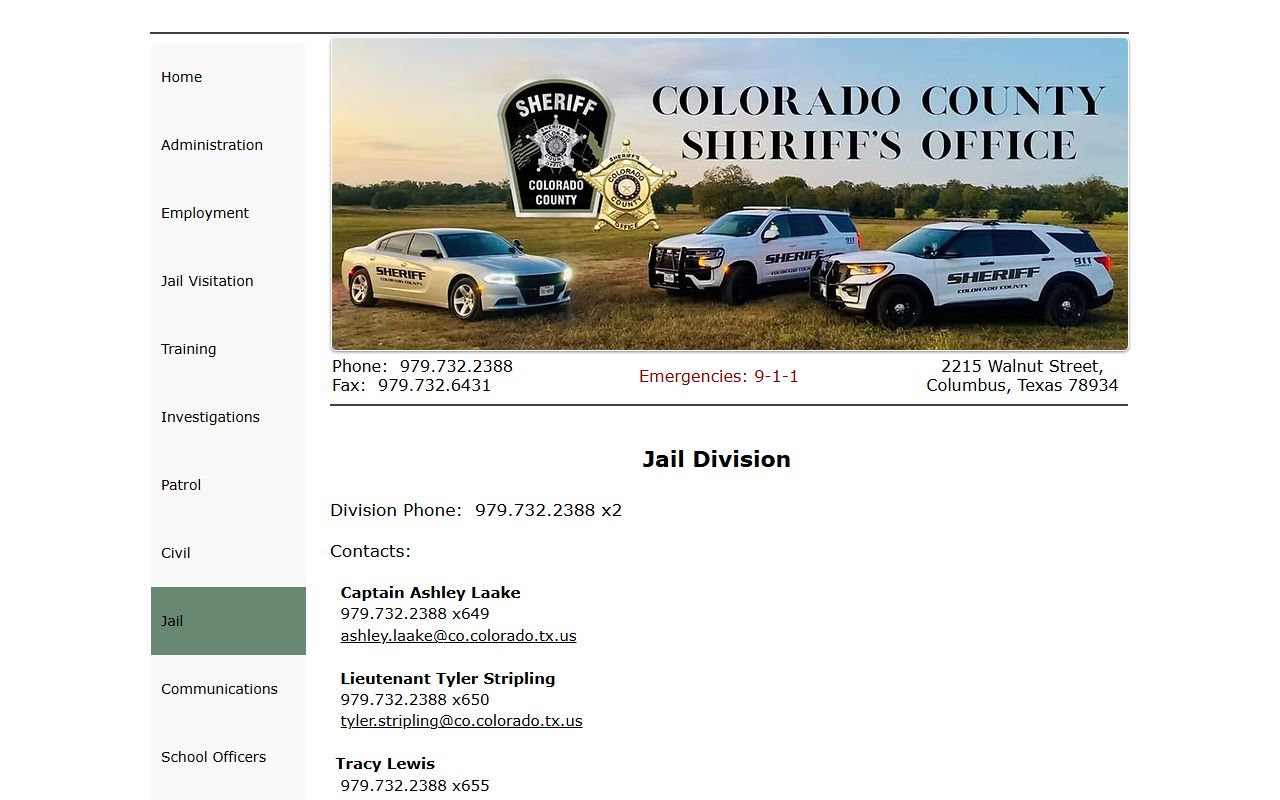 Colorado County Jail inmate lookup Jail Division page