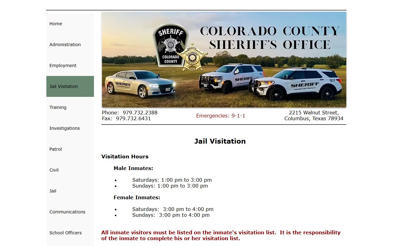 Colorado County Jail visitation schedule for inmate visits